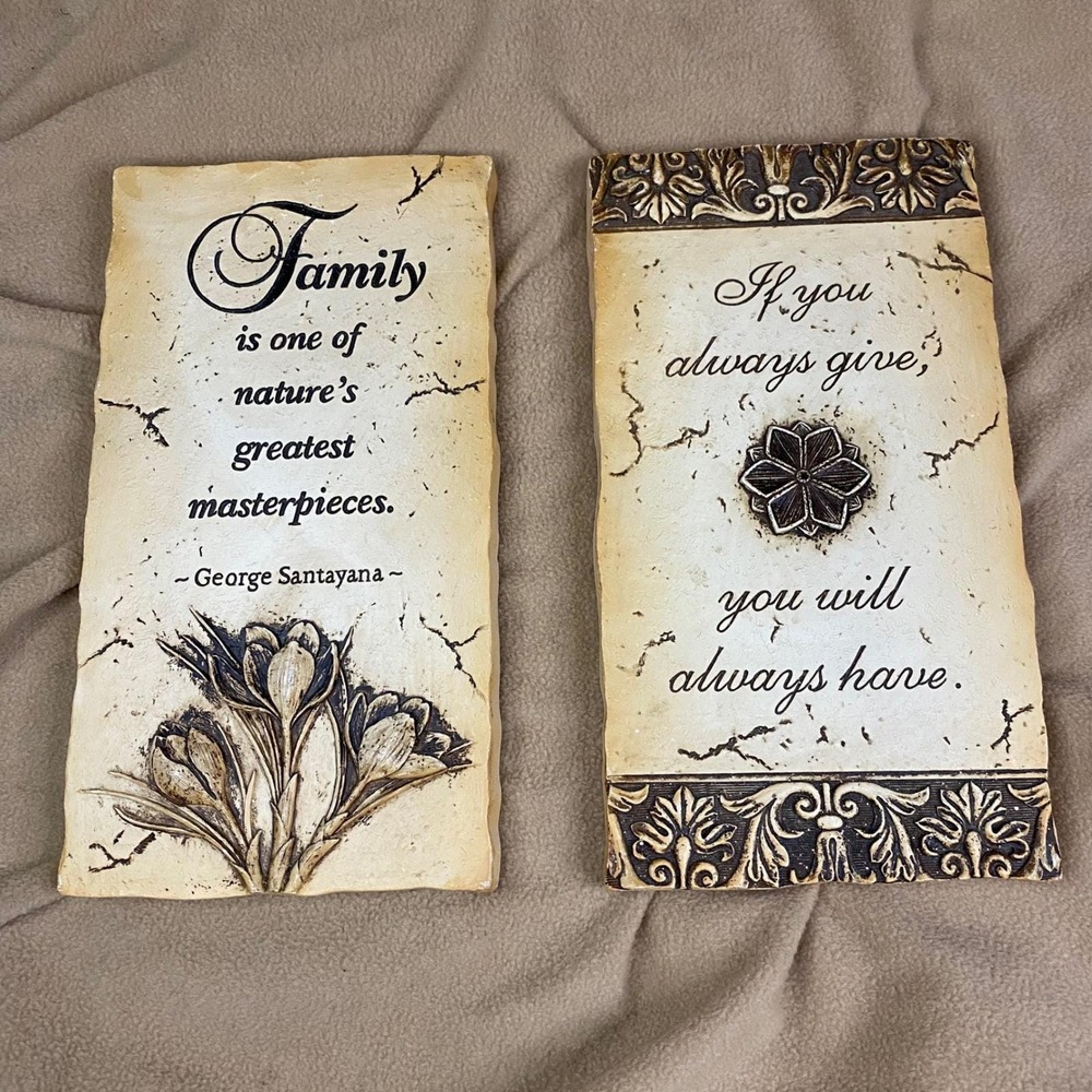 Set of 2 Decorative Wall Plaques Family Nature George Santayana Quote Flower Art